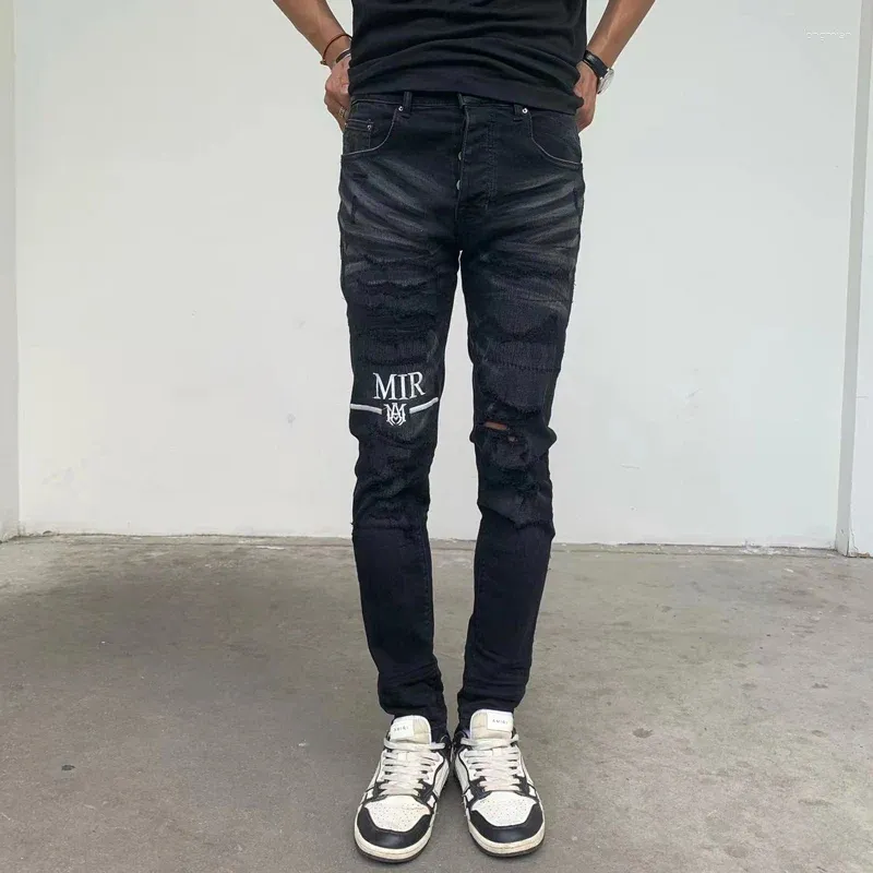 Jeans da uomo High Street Fashion Uomo Retro Nero Grigio Elastico Elasticizzato Skinny Strappato Ricamo Pantaloni di marca Hip Hop