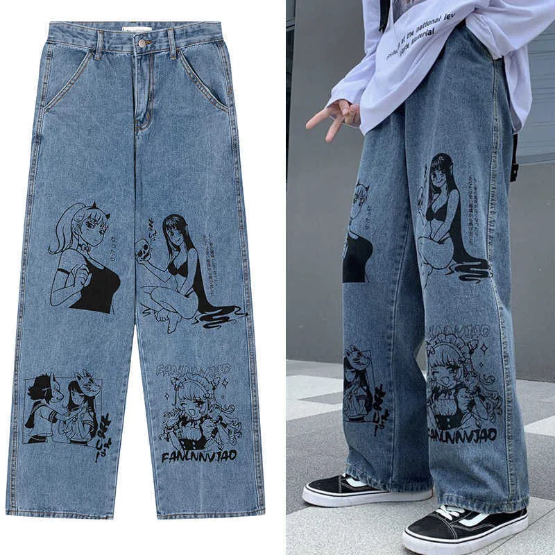 Мужские штаны Harajuku Vintage Anime Girls Loose Jeans Men Men Y2k Boyfle College Streetwear Goic Ro Punk негабаритные брюки Женщины Grunge G230422