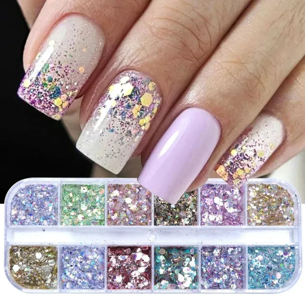 Akryl Powders Liquids 12Grids Holographic Nail Glitter Flakes paljetter Rose Gold Silver Manicure Paillette Spangles Slices Art Decor 231121