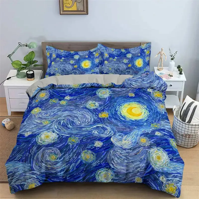 Sängkläder sätter 3D konstnärliga set King Monet Van Gogh Style Sky Oil Målningsmönster Tryckt täcke med kuddväskor 2 3st 231122