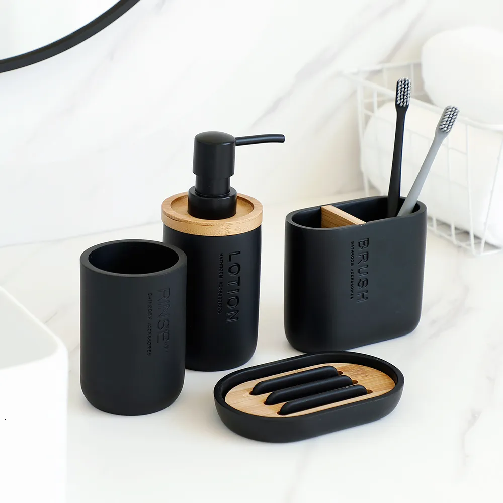 Autre maison jardin accessoires de salle de bain distributeur de lotion de savon support de brosse à dents porte-savon cylindre pompe bouteille tasse en bois noir et blanc