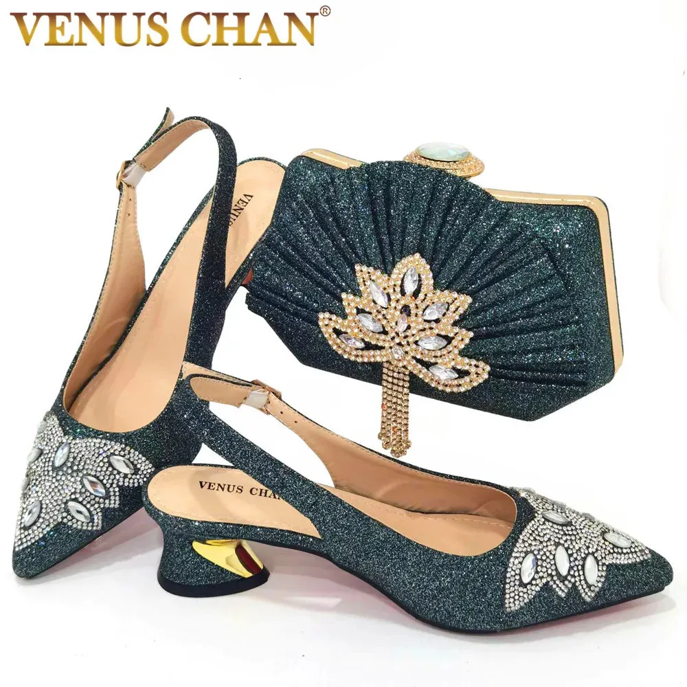 Dress Shoes Chan Italian Design Green Elegant Ladies Fashion Crystal Bow Pointed Toe Shoes Daily or Party Shoes Bag Set For Women 231121