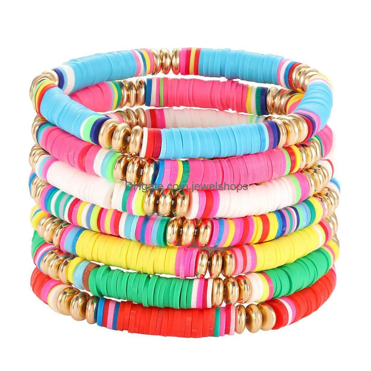 Perlen-Surfer-Heishi-Armbänder, Perlenstränge für Frauen, stapelbar, Regenbogen-Vinyl-Scheibe, Tonperlen, dehnbar, elastisch, Schichtung, Freundschaft, Br Dhz6B