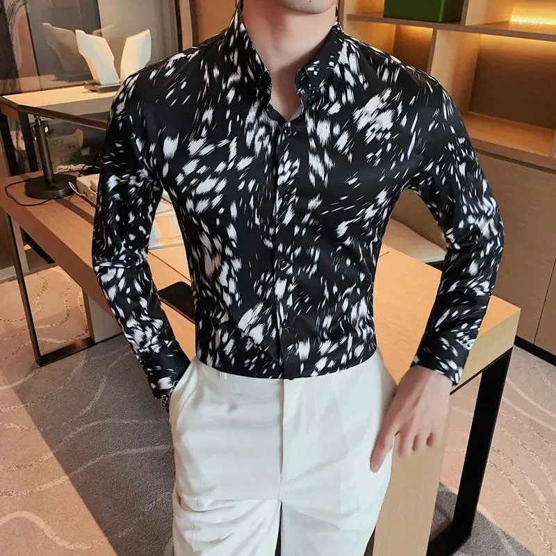 Camicie casual da uomo Stampa di alta qualità Colletto alla coreana a maniche lunghe Uomo Autunno Moda Slim Party Club Camicia Abito / smoking