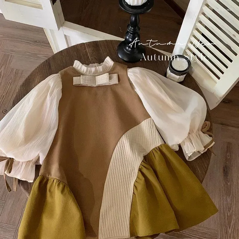 Clothing Sets Girls Dress French Style Color Contrast Patchwork Sundress 2023 Autumn Baby Sweet Bow Sleeveless