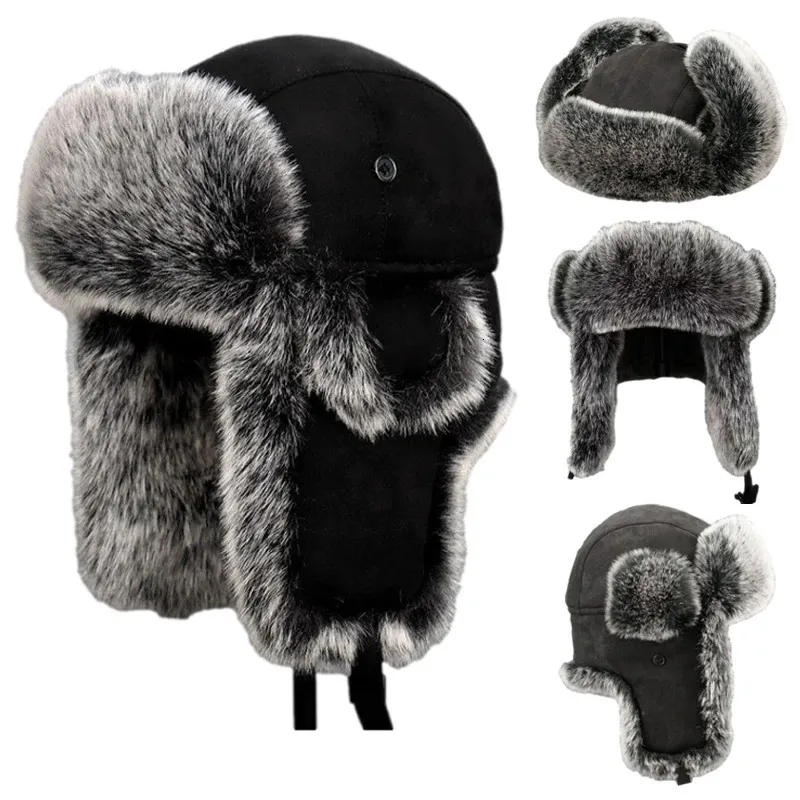 Chapeaux de trappeur Casquette de bombardier en peluche d'hiver pour hommes Fausse fourrure Russe Ushanka Femmes Bonnet plus chaud coupe-vent Chapeau d'équitation chaud avec oreillettes 231122