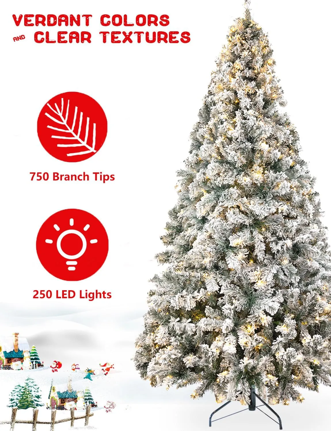 Pinheiro de Natal artificial flocado de neve pré-iluminado YouMedi de 6,5 pés, árvore de Natal artificial com luzes brancas quentes para casa, decoração de festa, base de dobradiças de metal