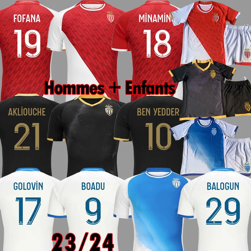 2023 2024 في Monaco Black Away Ben Yedder Soccer Jerseys Minamino Boadu Golovin 23 24 Maillot de Foot Balogun Flocage Men Kids Fofana Foofnain