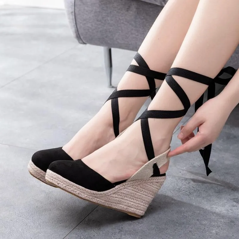 Sandals Wedges Heel Mary Jane Ankle Strap High Round Toe Women Summer Black