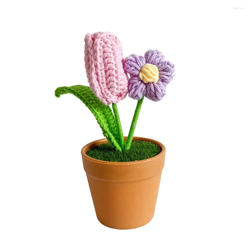 Decorative Flowers Birthday Bedroom Ornament Braided Fake Flower Potted Plant Pink Plush Crocheted