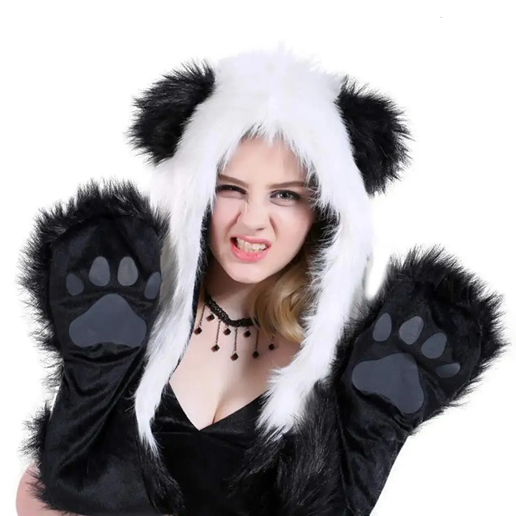 Hoeden Sjaals Sets Panda Winter Nieuwigheid Imitatiebont Kappen Dierenmuts Sjaal Handschoenen 3 in1 Fleece Capuchon Pluche Warme Oorbeschermer Cap 231121