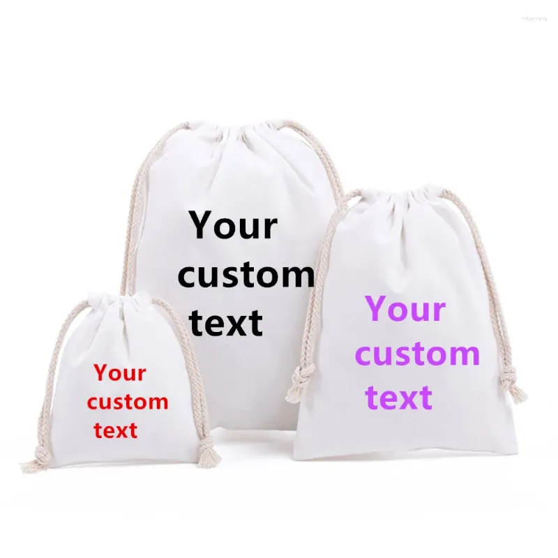 Shopping Bags 3pcs 3 Size Custom Text Drawstring Bag Canvas Present Kids Birthday Party Accessory Christmas Sack Personalized Storage