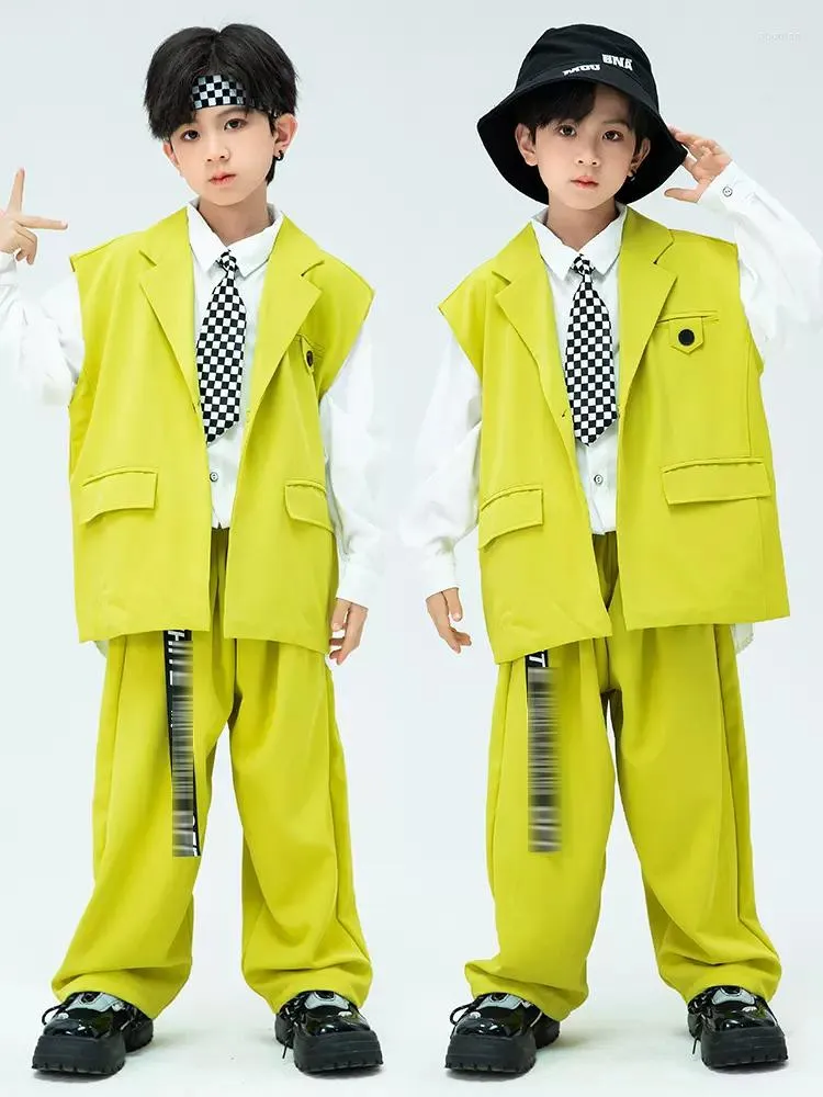 Stage Wear Yellow Hip Hop Suit For Girls Jazz Dance Costume Boys Fashion Clothing Concert Performance Kids Outfit BL9435