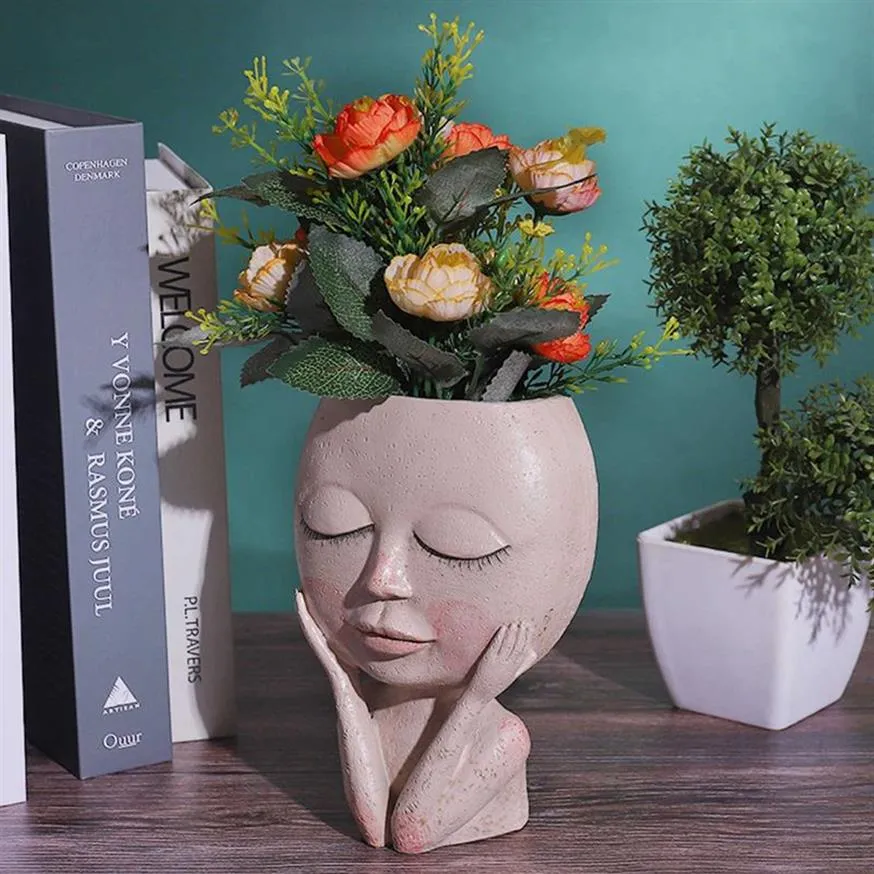 Filles visage tête fleur planteur plante succulente fleur conteneur Pot Pot de fleurs Figure jardin décor nordique table ornement 2107123016