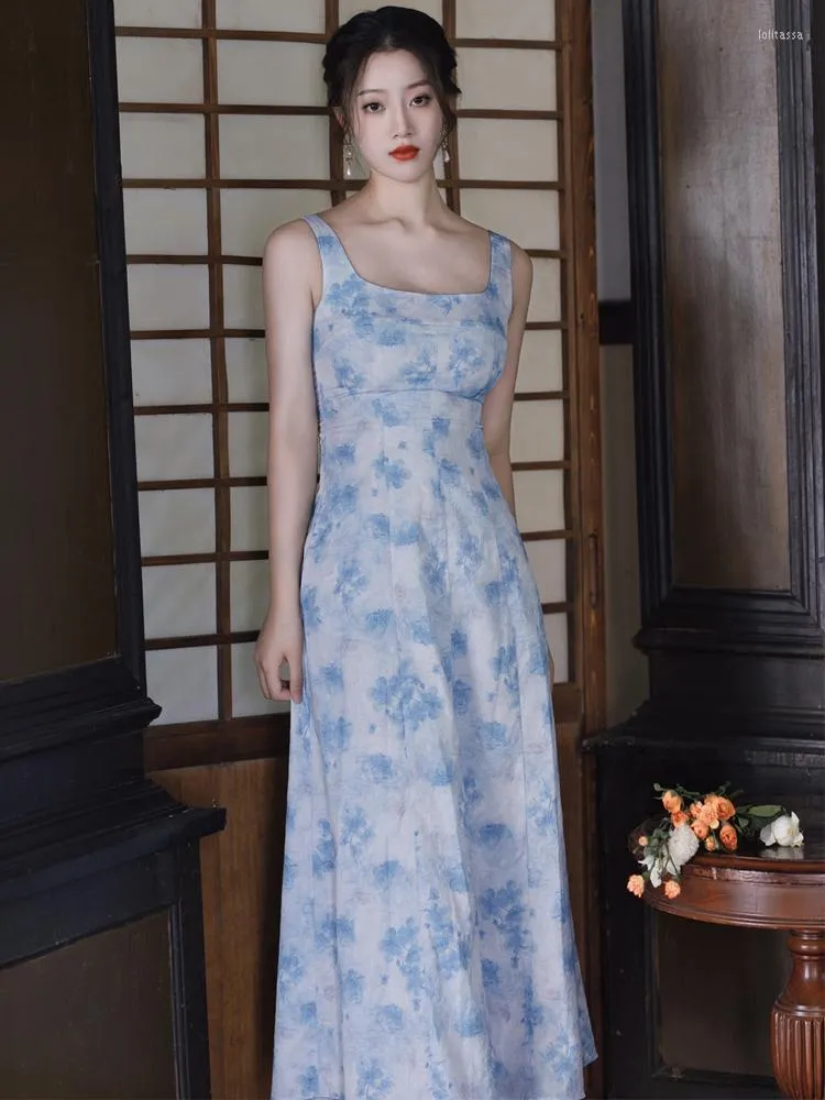 Robes décontractées SWEETXUE Bleu Smudge Print Été 2023 Femmes Col Carré Français Vintage Boho Mode Vacances Élégant Tempérament Chic