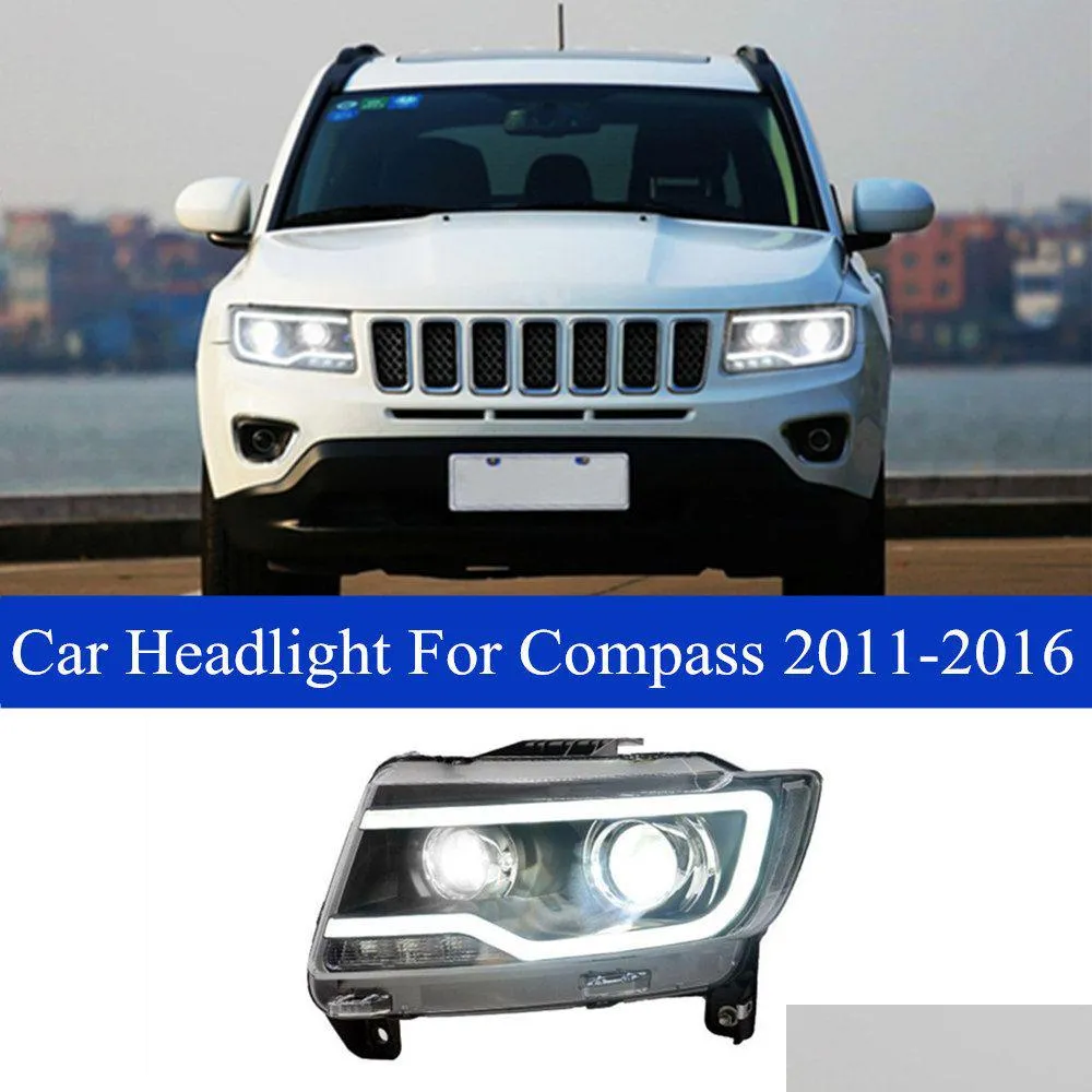 Turn Brake Light Head For Jeep Compass 2011- Car Headlight Assembly Led High Beam Dynamic Signal Headlights Accessories Lamp Drop Dhtpa