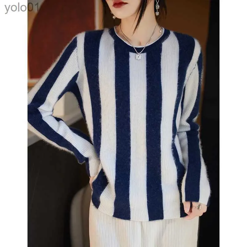 Women's Sweaters Smpevrg Woman's Sweaters Winter Thick Casual Striped Fe Pullover Long Sle O-Neck Jumper 100% Woollen Knitted Tops ClothesL231122