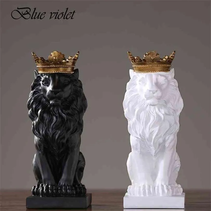 Moderna resina animale statua corona d'oro leone nero figurine per la decorazione domestica accessori soggiorno scrivania arredamento 210827331B