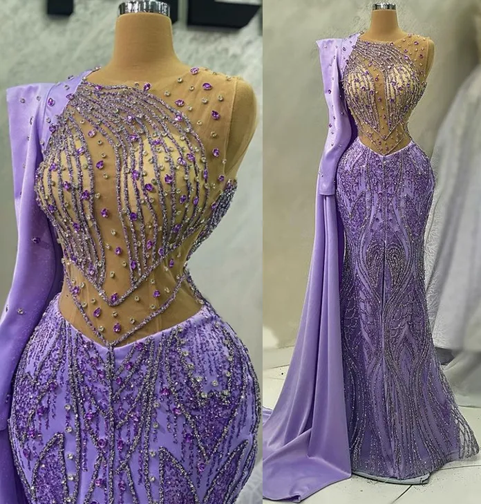 2023 년 4 월 Aso Ebi Lilac Mermaid Prom Dress Crystals 구슬로 된 섹시한 저녁 형식 파티 두 번째 리셉션 생일 약혼 가운 드레스 Robe de Soiree ZJ590