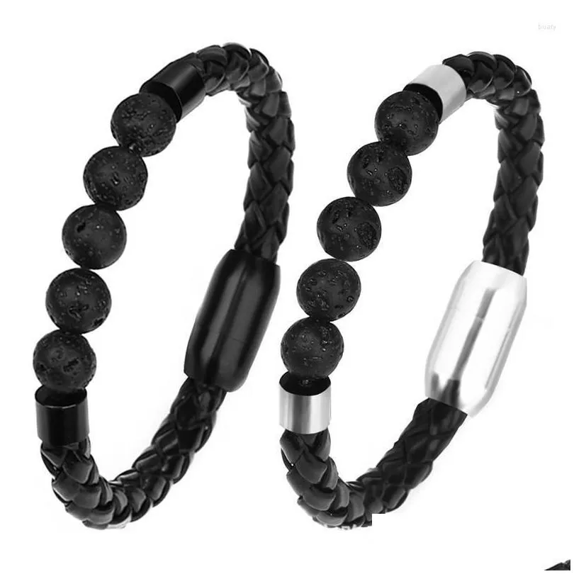 Bracelets de charme Hommes en cuir noir Bracelets perlés Titane Acier Homme Chakra Bijoux En Gros Bracelets En Pierre Inoxydable Drop Livraison Dhiv9