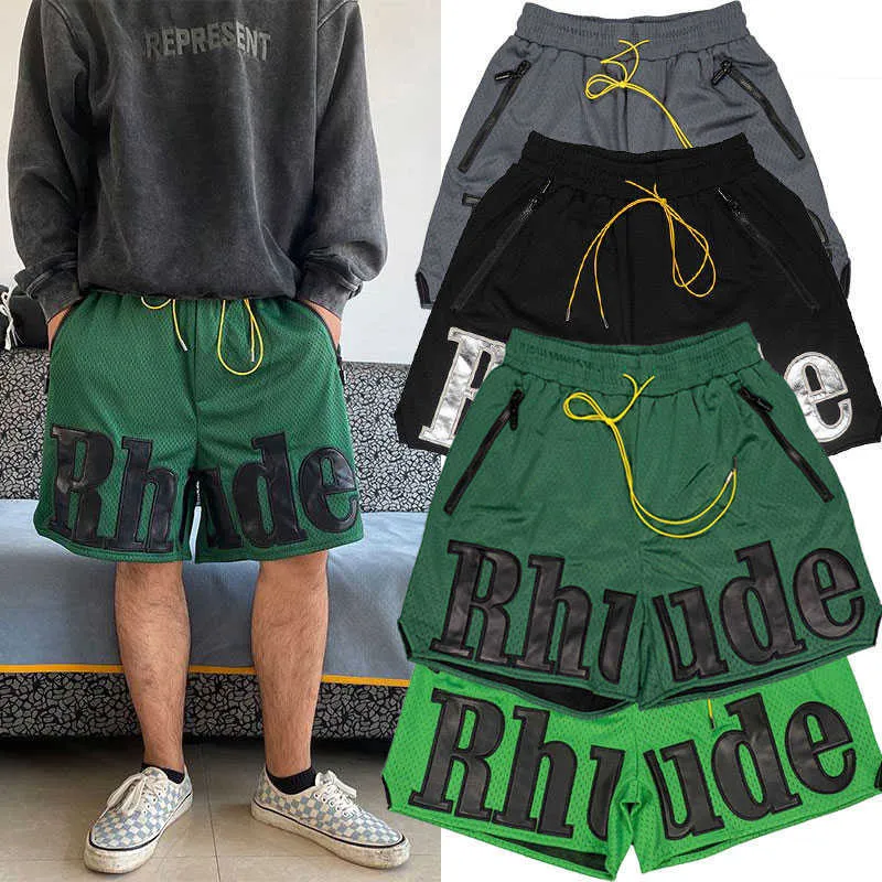 Designer Clothing Rhude Leather Embroidery Letters Mesh Breathable Basketball Shorts High Street Drawstring Capris Trendy Couples Joggers Sportswear
