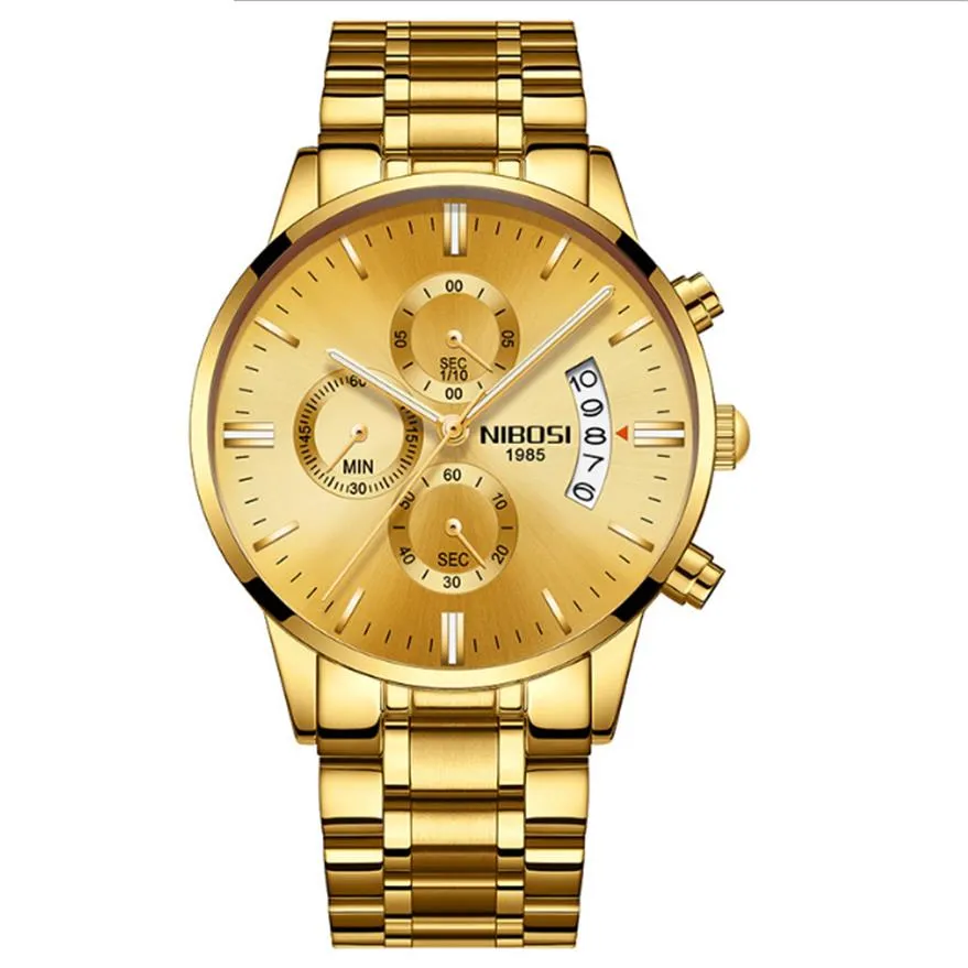 Nibosi Brand Quartz Chronograph Luxury Mens Watches rostfritt stål Band Watch Luminous Date Life Waterproof Wristwatches Casual S252L