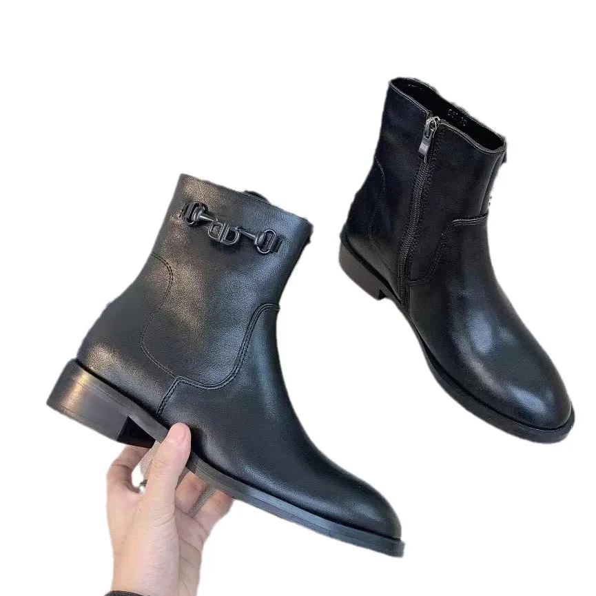 Bottes de styliste pour femmes, bottes de genou de Style anglais, bottes de chevalier courtes noires en cuir souple, automne et hiver