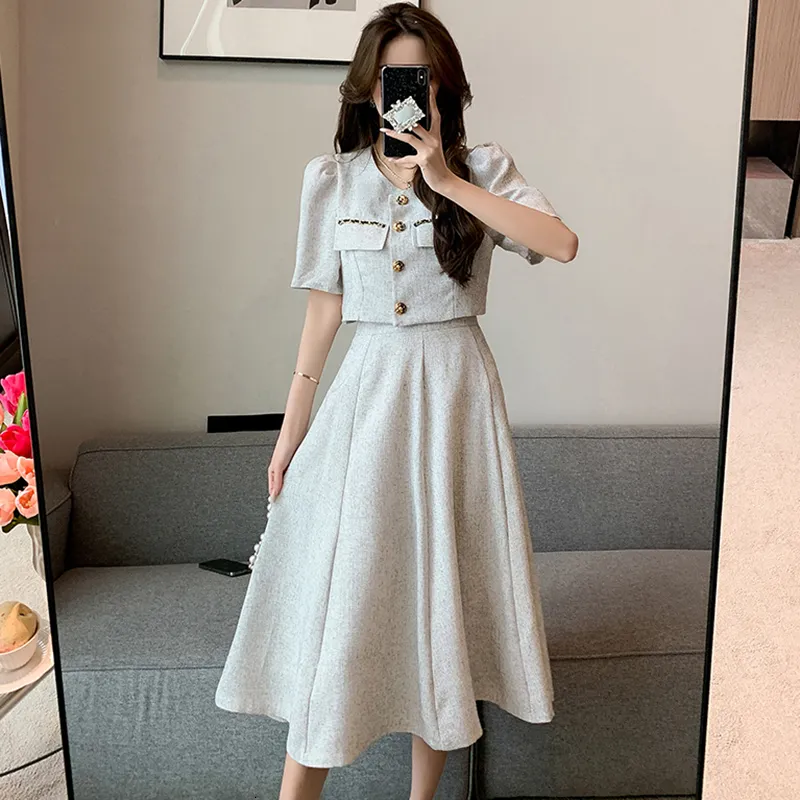 Korean Sweet Elegant Summer A Line Midi Dress Set With Coat Top Midi Skirt For Women Small Fragrant Design 230422 From Kong003 24.67 DHgate.Com