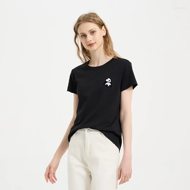 Kvinnors T-skjortor Schinotch Short Sleeve Shirt Women Modal Summer Loose Fit Pullovers T-shirts Female Panda Embroidery Pattern Tee