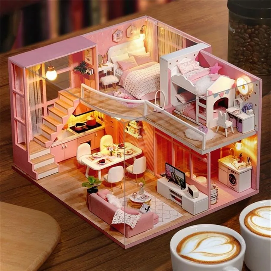 DIY Doll House Wooden doll Houses Miniature dollhouse Furniture Kit Toys for children Christmas Gift T200116260v