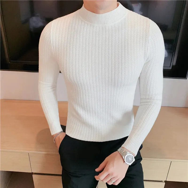 Suéter masculino estilo britânico inverno quente homens gola alta suéteres cor sólida homem coreano casual tricô pullovers harajuku suéteres masculinos S-4XL 231122