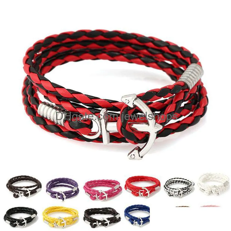 Charm Bracelets Braided Leather Wrap Bracelet Anchor Design Rope Chain Men Handmade Cuff Bangle For Women Bohemian Style Mti Layer Jew Dhgj6