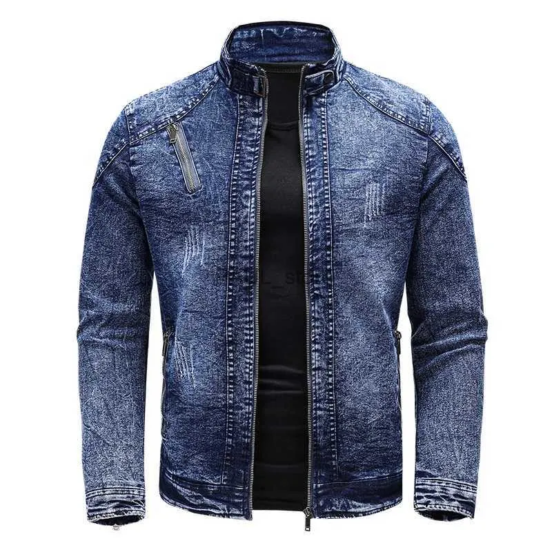 Vestes pour hommes Nouvelle veste en jean de Moto hommes rétro fermetures à glissière col montant manteaux en Denim hommes coton coupe ajustée veste en jean Moto Biker vêtements d'extérieur L231122