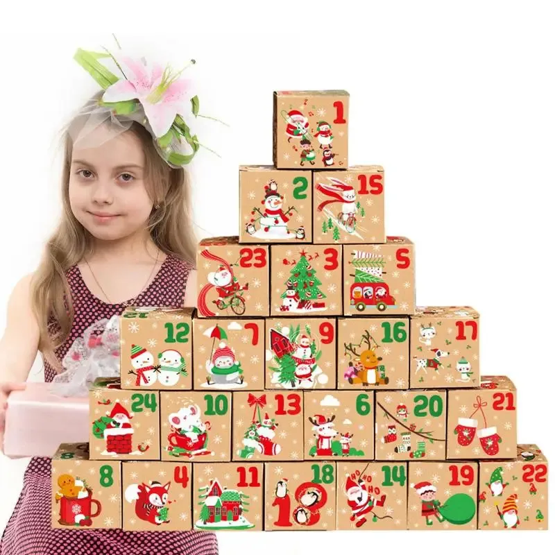 Décorations de Noël 124 Calendrier de l'Avent Coffret cadeau 24 pièces Année de Noël Biscuits aux bonbons Décor d'emballage en papier kraft 231121