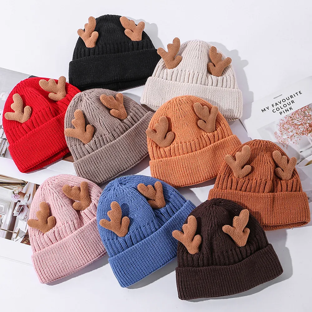 Christams Reindeer Antler Knitted Beanie Hat Cap Winter Crochet Cap Double layers padded Ear Protection Warm Beanie Cap for Women