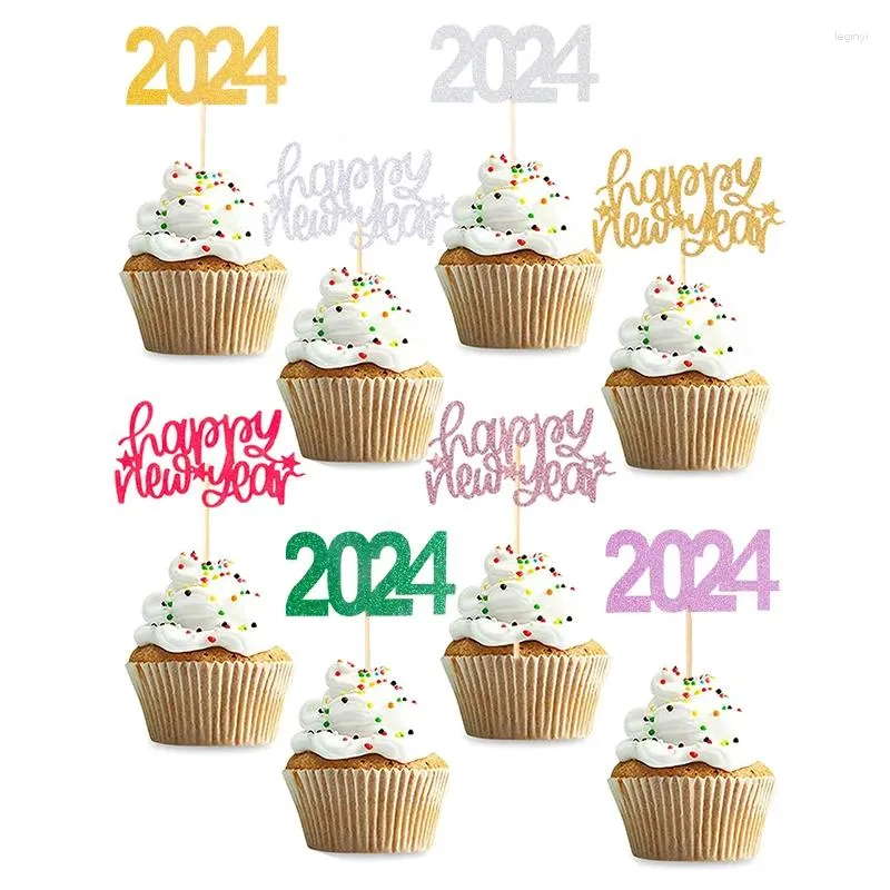 Party Supplies 12st Glitter 2024 Cake Toppers Happy Year Toothpick Home Christmas Cupcake Decoration Xmas Decor Navidad