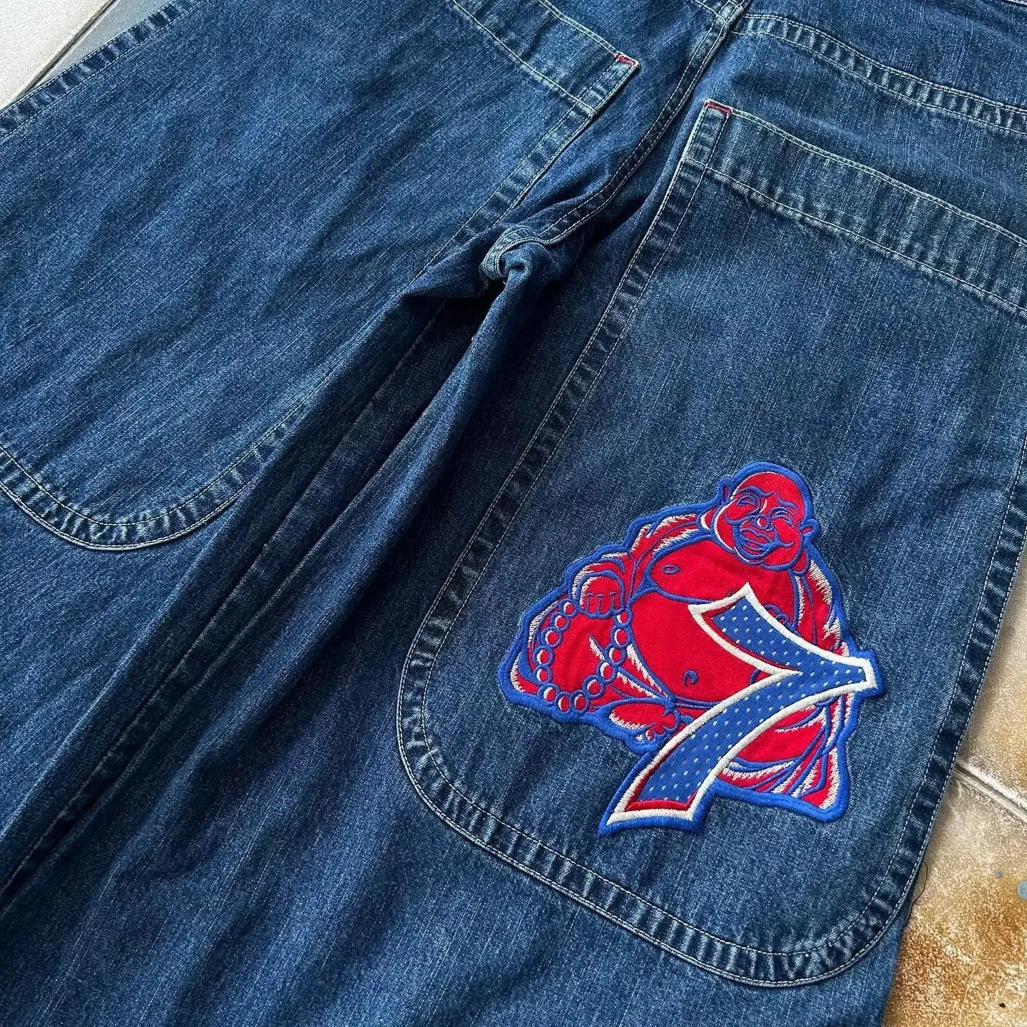 Męskie dżinsy retro hip hop numer 7 graficzna haft jnco dżinsy y2k punk street workowane męskie spodnie dżins