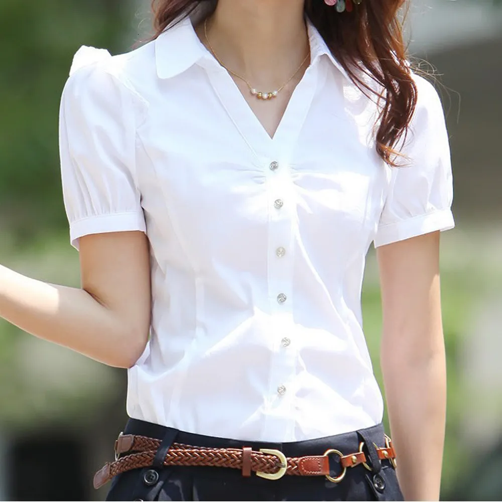 女性用ブラウスシャツプラスサイズ5xL夏の短袖コットンレディースオフィスウェアエレガントなブラウスフェミニナホワイトフォーマルシャツ230421
