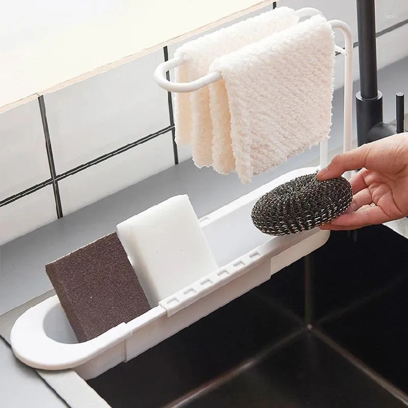 Kitchen Storage Sink Rack With Towel Bar Adjustable Shelf Dish Brushes Sponge Dishcloth Drain Basket Holder