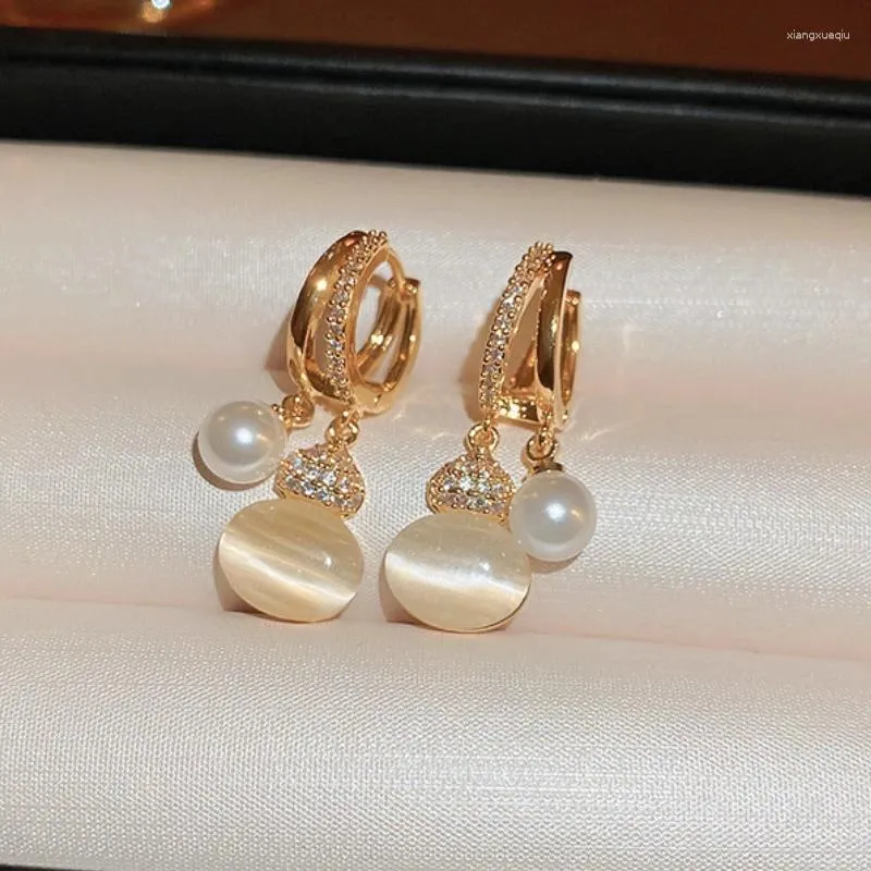 Boucles d'oreilles créoles élégantes et délicates, Micro pavé de Zircon, opale, pendentif en perle, couleur or pour femmes, Design Unique, bijoux romantiques doux