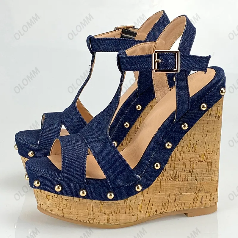 Olomm feita à mão feminino Sankle Sankle Sandals Sexy Rivetes jeans saltos de salto aberto do pé de toe lindos sapatos casuais azuis Tamanho 35 47 52