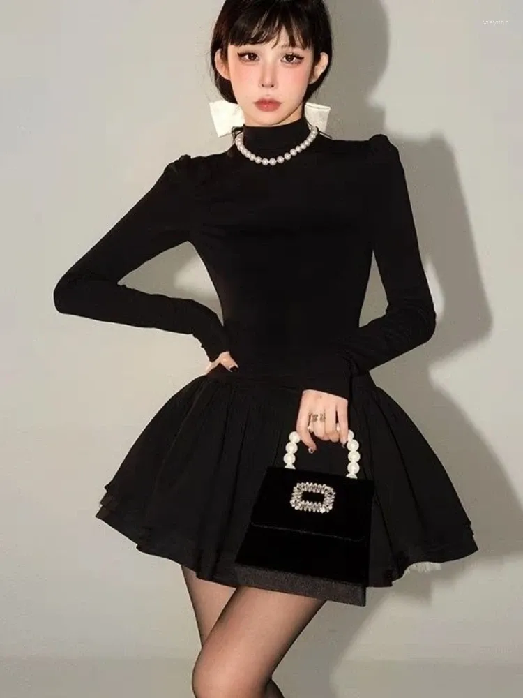 Casual klänningar halvturtleneck långärmad solid bollklänning Korean chic eleganta kvinnor söta vintage fairy y2k grundläggande vestido de mujer