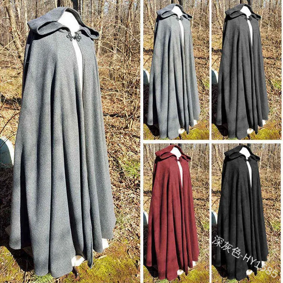 Women Medieval Cloak Hooded Coat Vintage Gothic Cape Solid Coat Long Trench Halloween Cosplay Come Overcoat Women L220714179G
