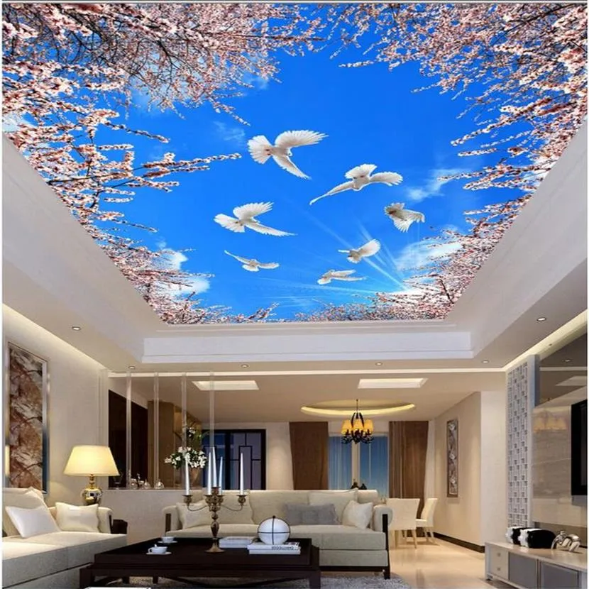 Custom 3d Sky Model Wall Mural Cherry Blossom, Blue Sky, White Cloud ...