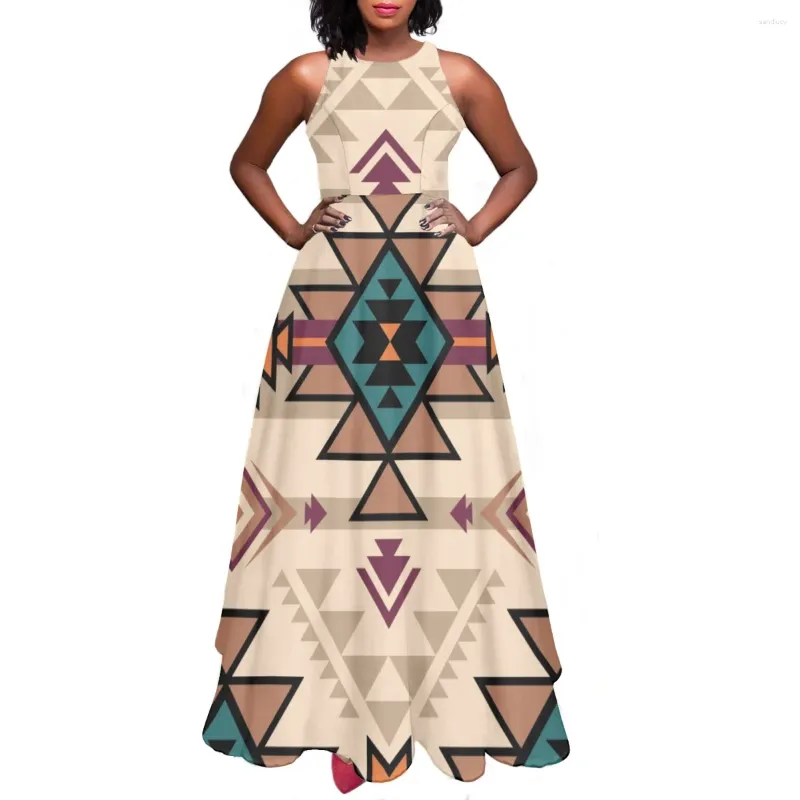 Freizeitkleider Damen Slim-A Maxikleid Tribal Aztekenmuster O-Ausschnitt Schlanke Frauen Elegant Abend Hohe Taille Lang Für Dame