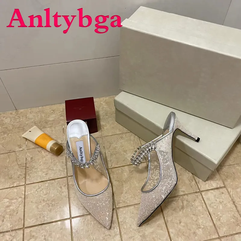 Sandalias Champagne Sheer Mesh Ladies Verano Tacón alto Zapatillas planas Punta puntiaguda Correa de diamante Banquete de boda 230421