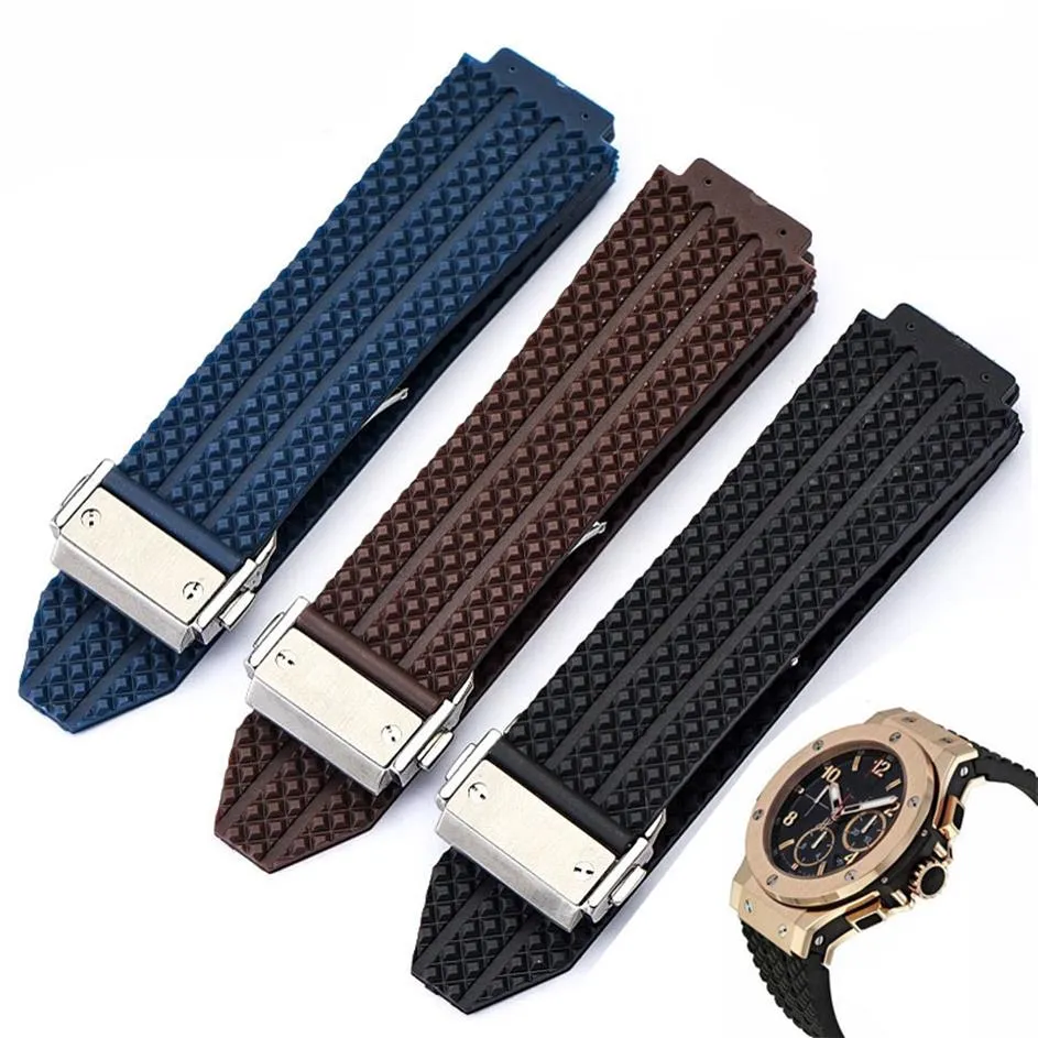 Watch Accessories 25mm 19mm Men replace Watch Band Stainless Steel Deployment Buckle Brown White Blue Diving Silicone Rubber Strap216y
