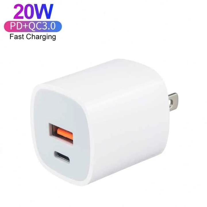 شاحن صغير 20 واط مزدوج المنافذ USB-C محول الطاقة PD + QC3.0 USB Type C Wall Charger