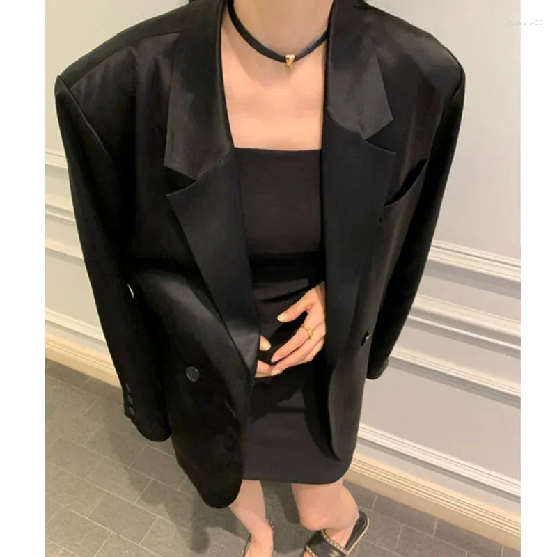 Women's Suits Woman's Autumn/winterVintage Casual Short Acetate Satin Blazer Suit Coats Black Hepburn Style Loose For Woman