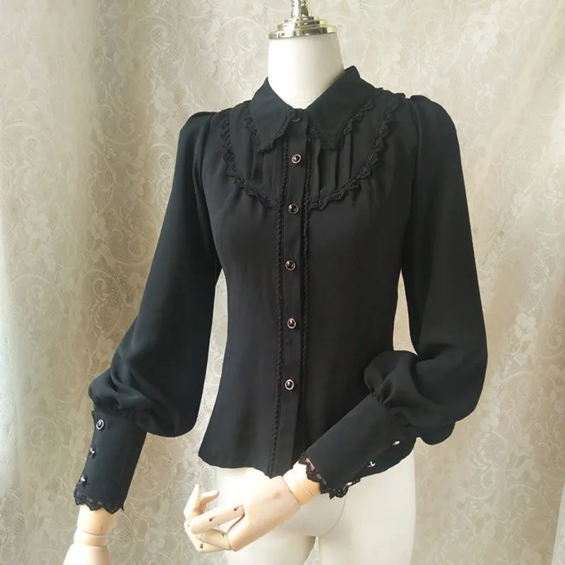 女性用ブラウスシャツのゴシックシフォンボタンダウンブラウスホワイトブラックロリータシャツと尖った首輪230421